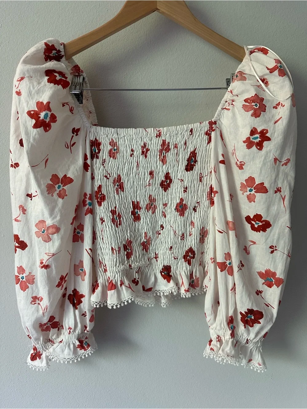 Zara White Floral Tie-Front Smocked Crop Top